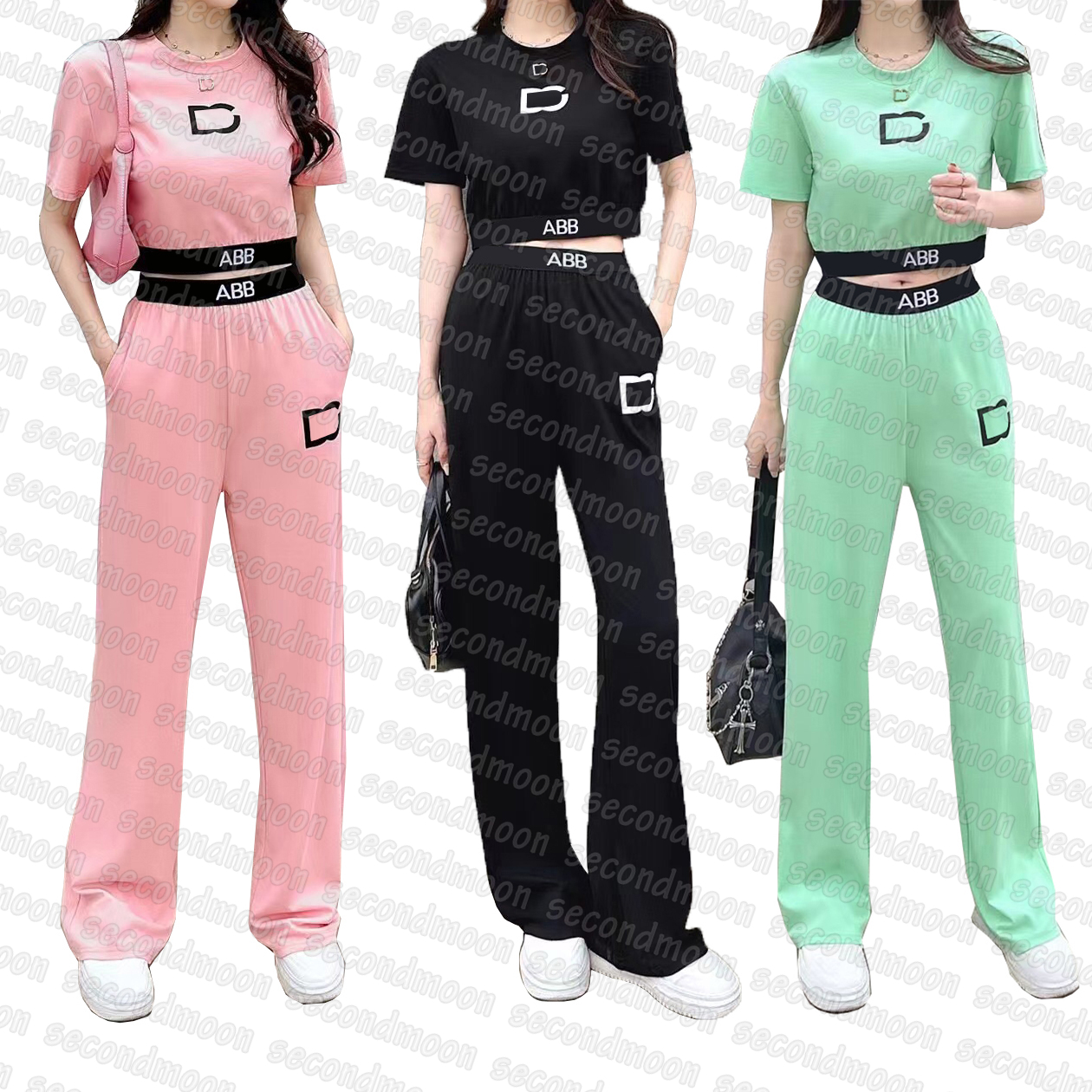 

Women Letters Printed Pants Short Sleeve T Shirt Elastic Waist Loose Pants Gym Sport Two Piece Pants, Black