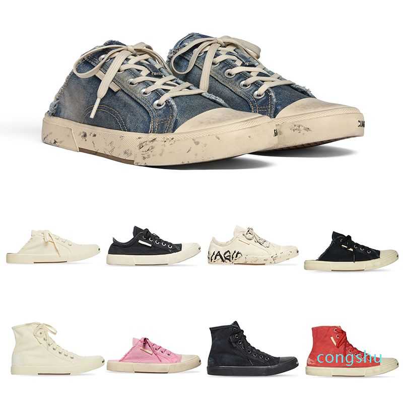 

Designer Fashion Paris Sneaker Mens Womens Casual Shoes High Top Sneaker Paris Mule Paris Mule Destroyed denim and Low Top Graffiti rubber Shoe, Option 3