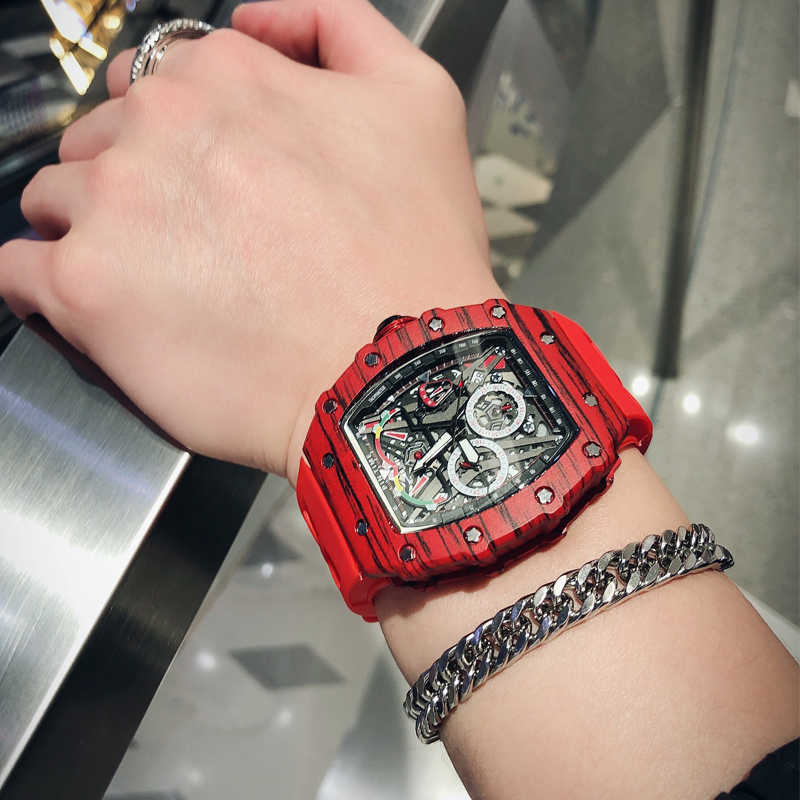 

Super mechanical chronograph wrist watches Rm50-03 personalized men's hollowed black technology cool barrel shaped concept Designer Amazing High quality 3p, Black shell red band