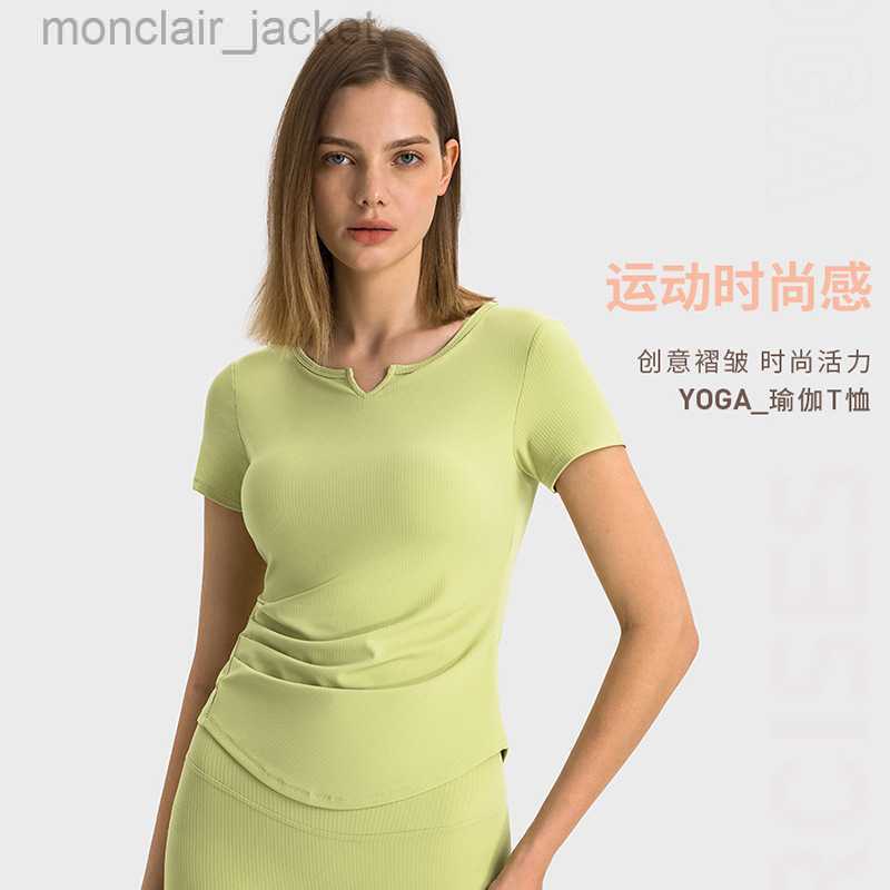 

Designer Women T Shirt New V-neck Waist Wrap Up Exercise Fitness Yoga Outdoor Running Tennis Stripped Thread Short Sleeve Ds386, Ivory