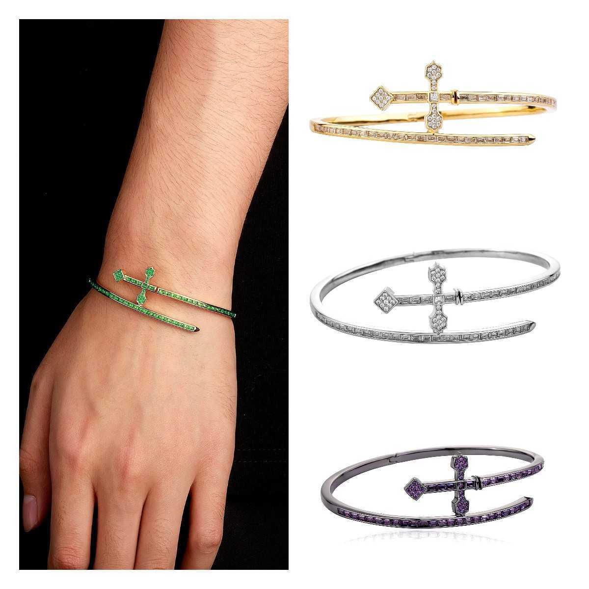 Sword Of Justice Symble Open Cuff Bangle Bracelet Ins Hip Hop Cross Green Purple Color AAA CZ Stone Shiny Cubic Zirconia Real Gold Plated Jewelry