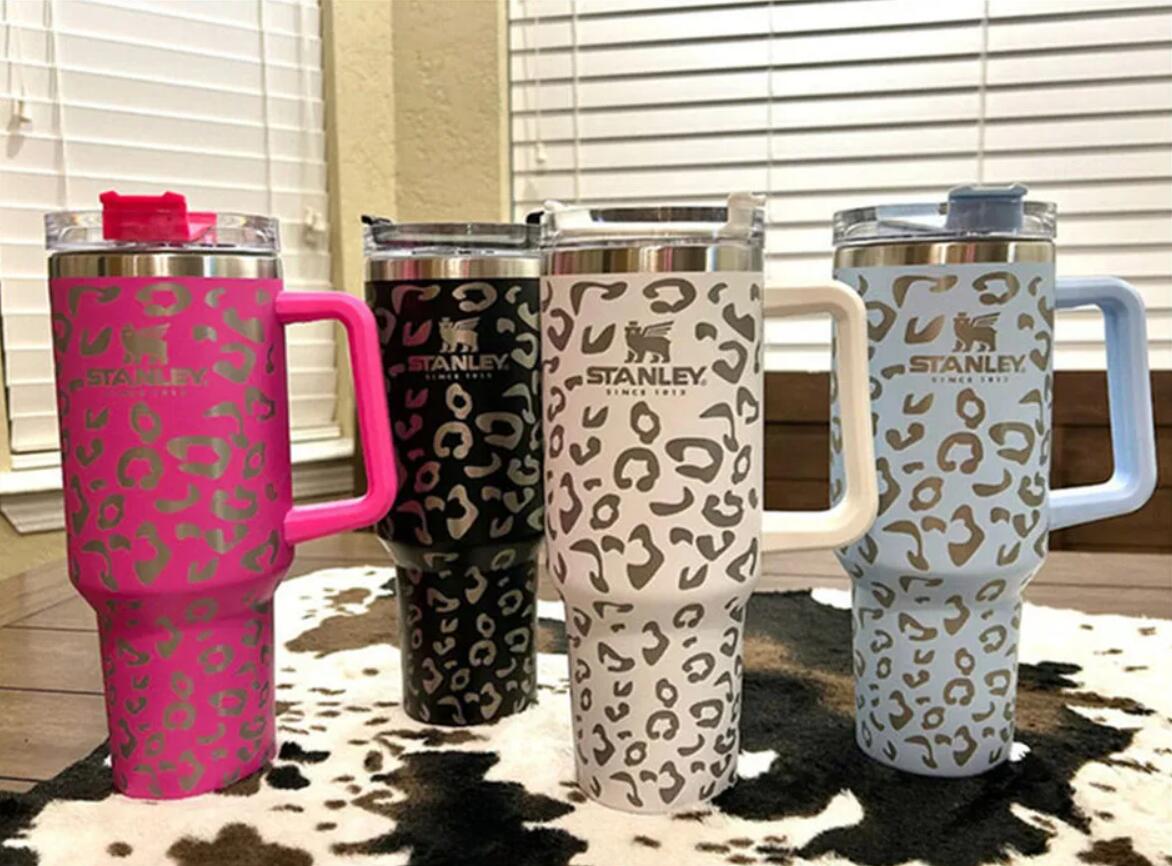 

Stanley DHL quencher 40oz tumbler leopard print with Logo handle lid straw beer mug water bottle powder coating outdoor camping cup GJ0606