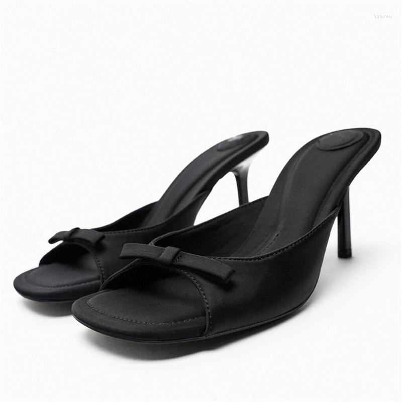 

Sandals TRAF 2023 Woman Black Bow Heeled Mules Casual Squared Toes Stiletto High Heel Vintage Slingbacks Comfortable Pumps Women
