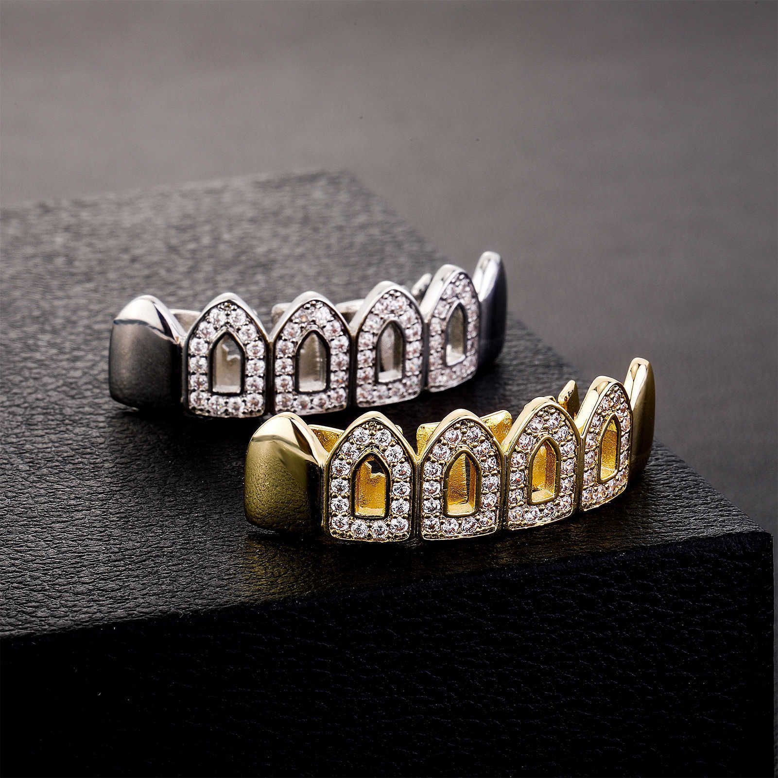 

Hip Hop Hollow Iced Out Up Vampire 6 Tooth Grills Diamond Dental Mouth Teeth Grillz Braces Set 14k Real Gold Plated Cubic Zirconia Halloween Body Decoration Jewelry