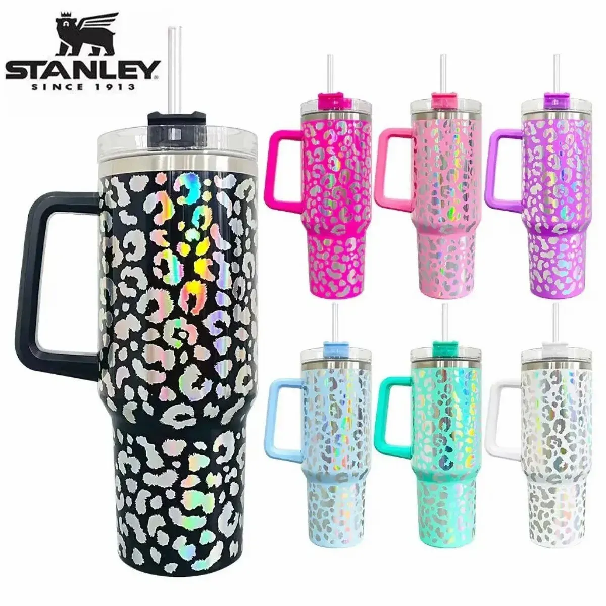 

New Stanley 40oz Holographic Leopard Tumbler Cups With Handle Lid Straws Big Capacity Beer Car Mugs Vacuum Insulated Drinking Water Bottles With Logo ss0510, Multi-color
