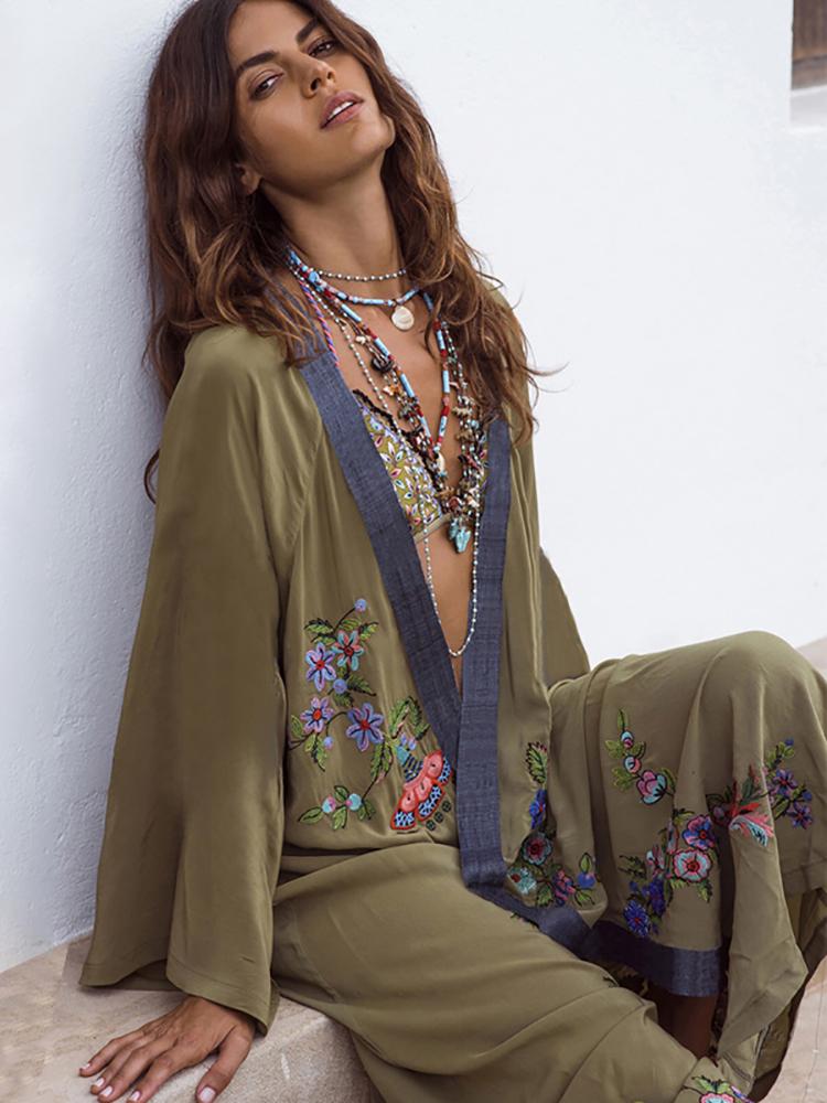

Swimwear Fitshinling Flowers Embroidery Beach Kimono Holiday Army Green Vintage Swimwear CoverUps Long Sleeve Autumn 2022 Outer Cover