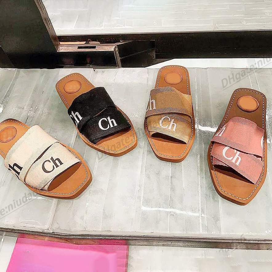 

wedge luxury slipper designer women chloee sandal espadrille woody flat mule ribbons large upper slip-on high heel canvas classic men shoe summer Letter lady slide, #19