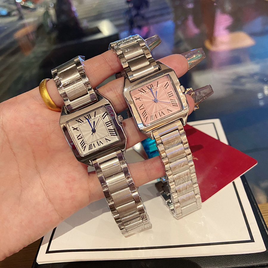 

Fashion Full Brand Wrist Watches Women Ladies Girl Popular Square Style Luxury Steel Metal Band Quartz Tank Luxury With Logo Clock CA 89, Silver pink