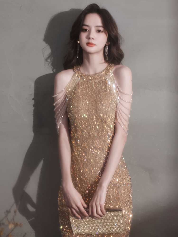 

Annual party evening dress women' banquet temperament light luxury small crowd small gift dress celebrity small person556, Blue