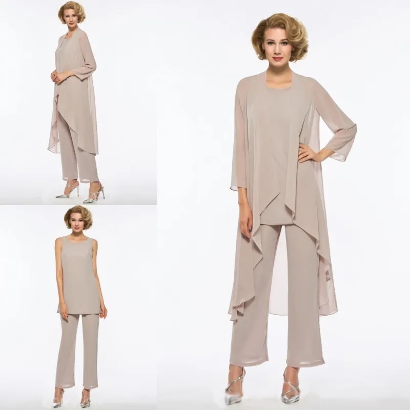 Champagne Mother Of The Bride Pant Suit Dress 3 Piece Chiffon for Beach Wedding Mother's Dress Long Sleeves Cheap Mothers Formal Gown