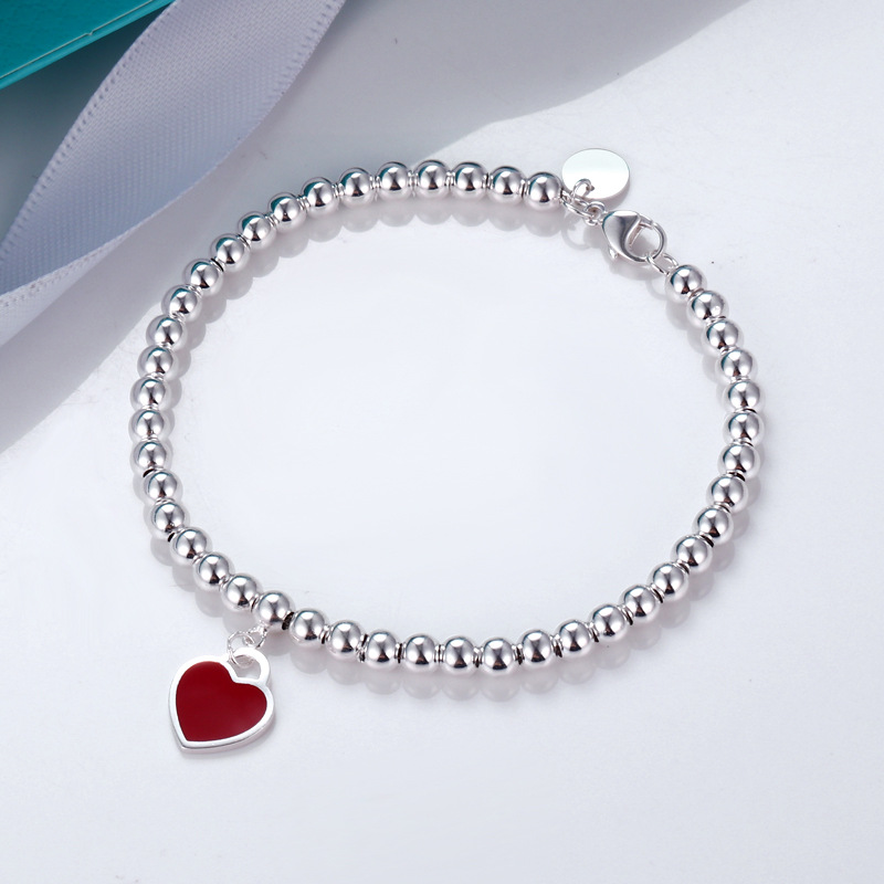 Tiffany Design de mode Bracelet à breloques perlées pour femme en argent sterling 925 de haute qualité rouge rose bleu coeur bijoux de luxe cadea