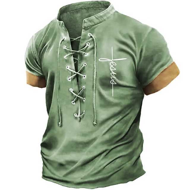 

RUKAS T-shirt Graphic Villa Collar Pillar Clothing 3D Printing Casual Sports Short Sleeve Lace Printing Fashion Original Pattern Retro, Green