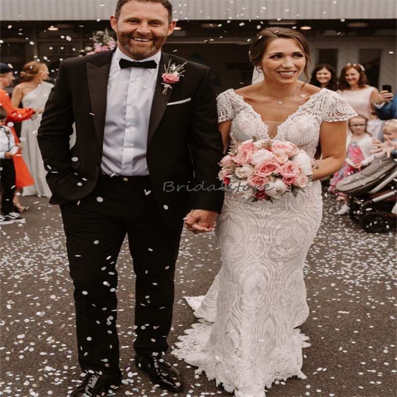 Cap manches sirène Boho robe de mariée grande taille col en V pleine dentelle bohème robe de mariée 2023 jardin nouveauté grec Chic mariée robe d
