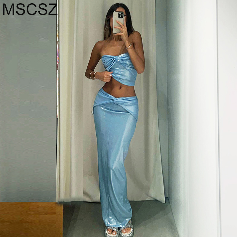 

Two Piece Dress Glitter Elegant Party Outfits For Women Summer 2 Outfit Twist Tube Top And Long Skirt Sets In Matching Set 230512, Blue