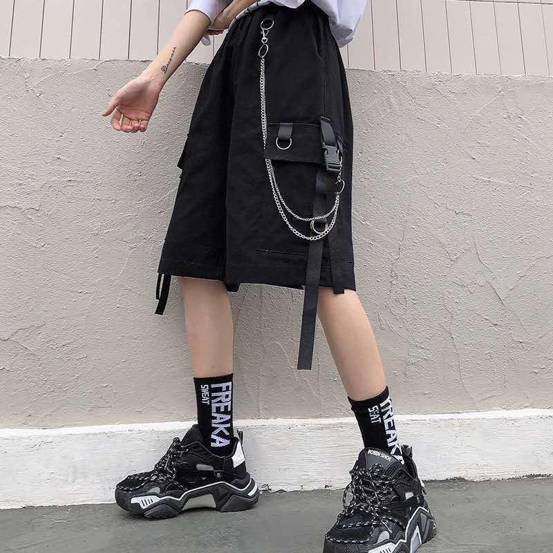 

Men's Shorts Summer Women Cargo Shorts Female Loose Straight Casual Short Pants Fashion Elastic Waist Handsome Black Knee Length Shorts 230512
