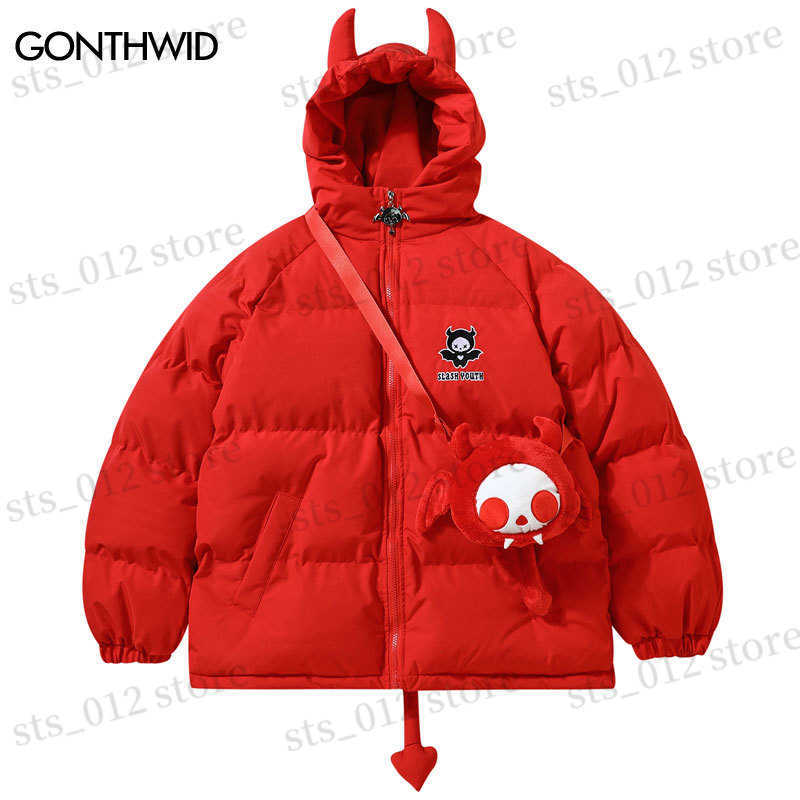 

Men's Down Parkas Winter Jacket Hooded Parkas with Bag Streetwear Hip Hop Devil Horn Thick Warm Bubble Padded Coats Harajuku Casual Puffer Jackets T230512, Black
