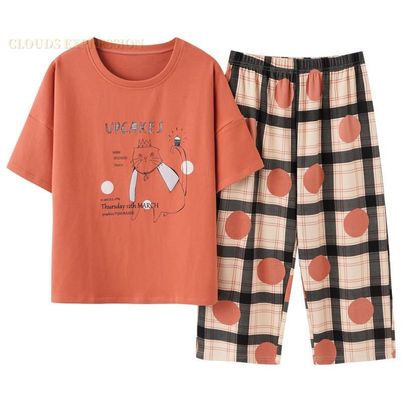 

Womens Sleepwear Summer Capris Plaid Women Sleep Lounge Pajama ShortSleeved Sets Cartoon Pyjamas Polyester 3XL 5XL Home Fashion 230512, W5