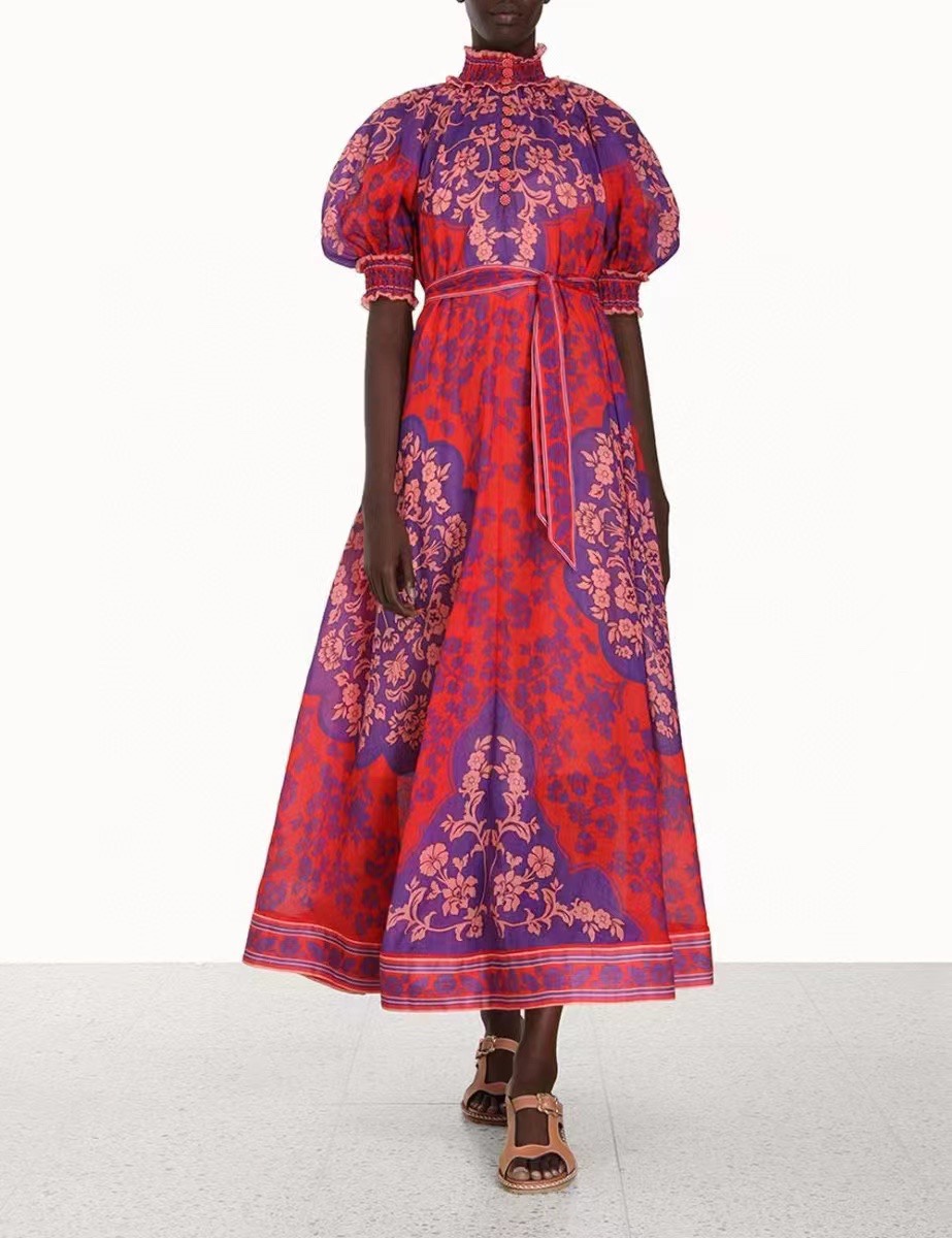 

Casual Dresses Australian Designer Design 2023 Ramie Small High Neck Bubble Sleeve Flapping Long Printed Dress 10, Red