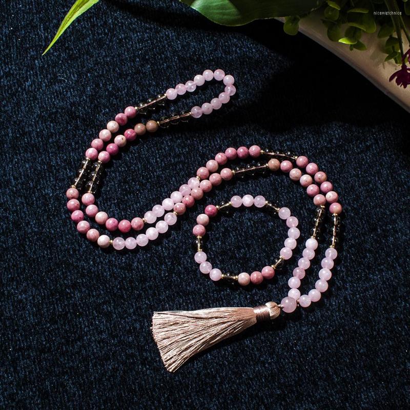 

Pendant Necklaces 8mm Rhododenite Rose Quartz Beaded 108 Mala Necklace Meditation Yoga Prayer Japamala Suit Tassel For Women