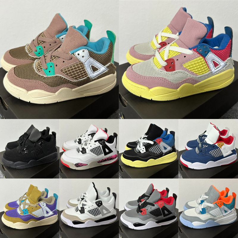 

Black Cat 4s Jumpman 4 Kids Shoes baby basketball trainers Designer boy girls kid sneakers unc university blue bred fire Red Thunder Children outdoor athletic sports, As photo 9