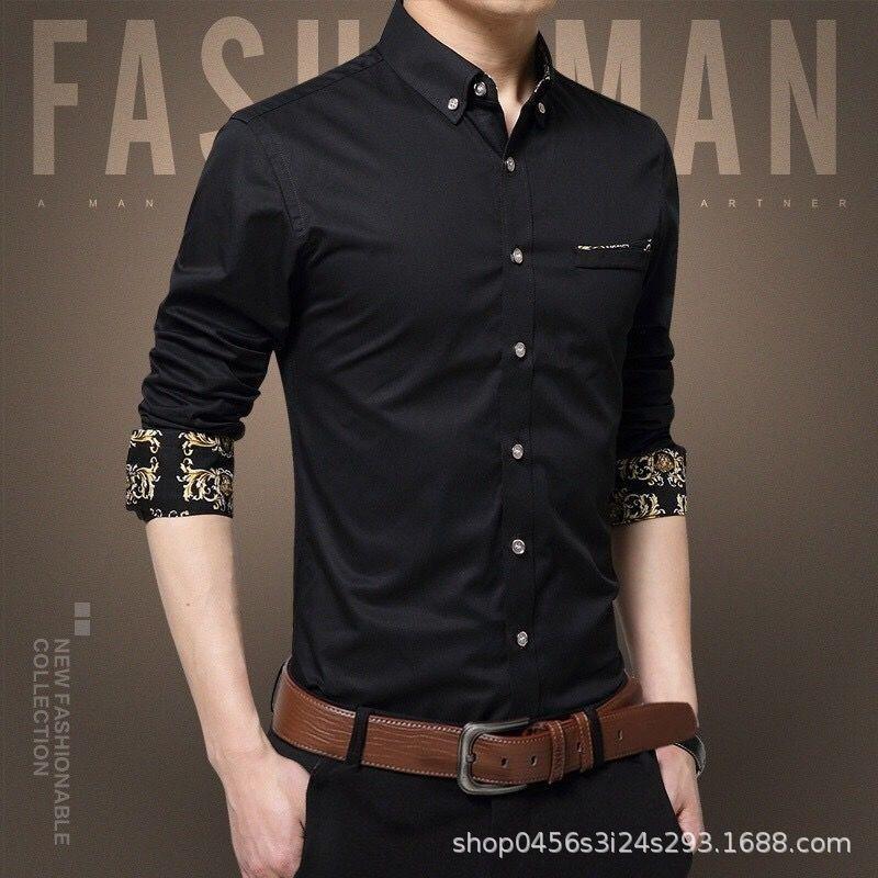 

Men's Casual Shirts 2023Buttoned Mens Fashion Long Sleeve Clothing Autumn Camisa Masculina Slim Fit Cotton Office Collar -3xl Free, Golden flower black