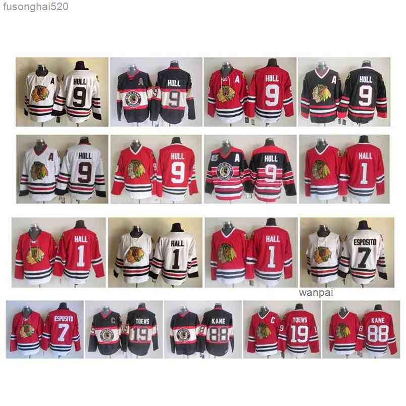 

95 Vintage Chicago Blackhawks Jersey 1 Glenn Hall 7 Phil Esposito 9 Bobby Hull 19 Jonathan Toews 88 Patrick Kane Red White Black Retro, As pic