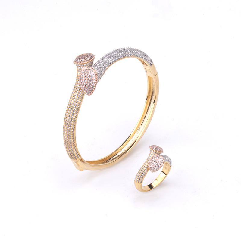 

Bangle Fashionable Geometric Drop-shaped Bracelet Full Zircon Bling Three-color Ring Set Ladies Jewelry