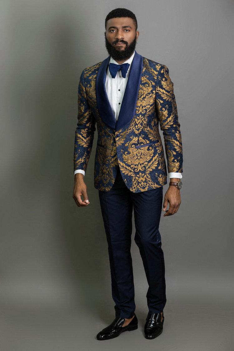 

Men's Suits & Blazers JELTOIN Navy Blue Floral Jacquard Slim Fit Mens Shawl Lapel Wedding Groom Tuxedo 2 Pieces Jacket Pants Terno Masculino