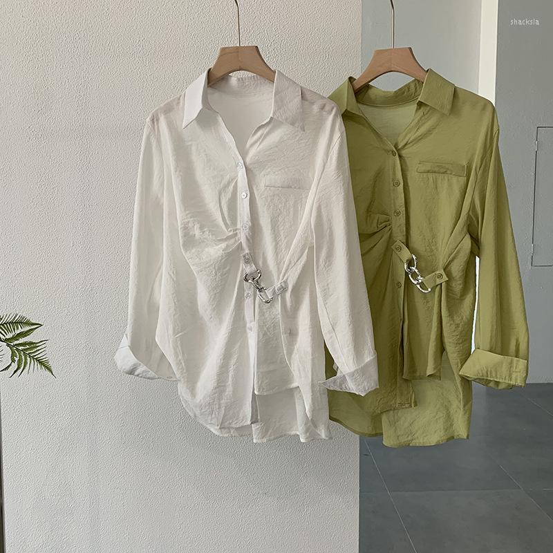 

Women's Blouses Women's Spring Summer Fashion Trend Arrival Lapel Solid Color Single Breasted Long Sleeve Chain Trim Mid Length Shirt, Green
