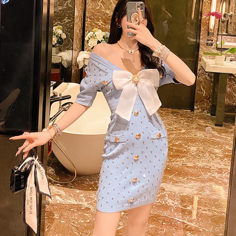 

Party Dresses She Beaty Summer For Women 2023 Fashion Sexy V-Neck Bow Diamond Plaid Vintage E Girl Elegant Knitted Sweater Dress, Real picture
