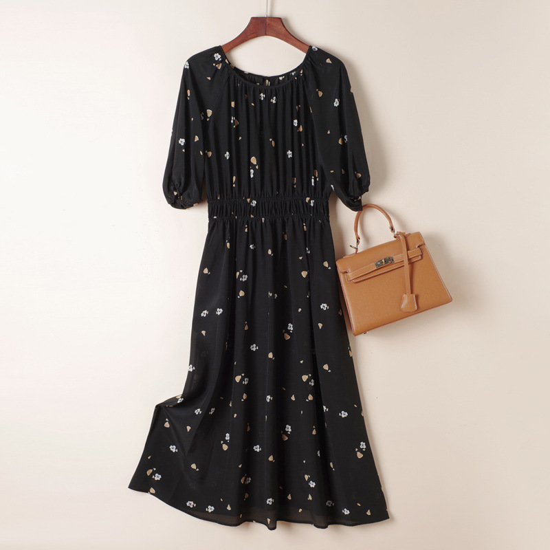 2023 été noir imprimé fleuri robe en soie à manches courtes col rond midi robes décontractées R3W057921