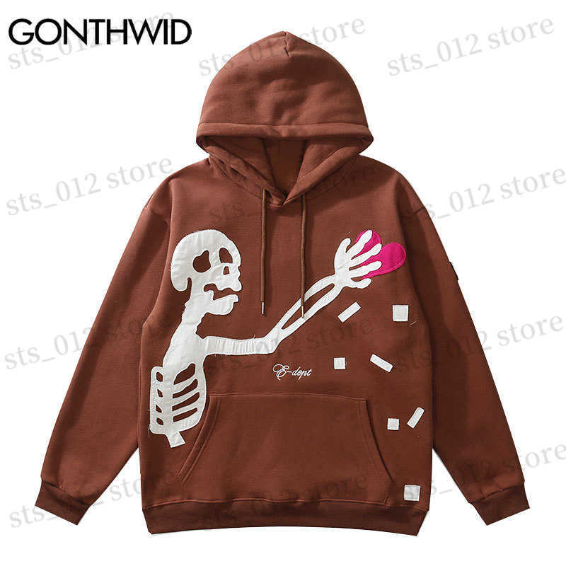 

Men's Hoodies Sweatshirts GONTHWID Hip Hop Streetwear Hoodie Sweatshirt Skeleton Patch Fleece Hooded 2023 Mens Harajuku Winter Cotton Pullover Brown T230512, Beige