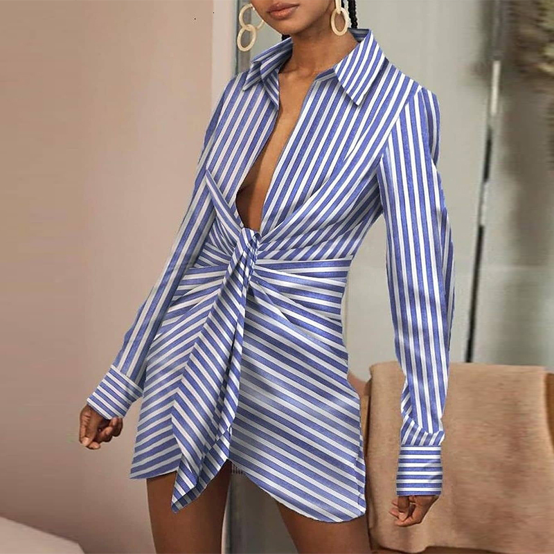 Robes Décontractées Femmes Élégant Turn-Down Collor Plis Robe De Soirée Casual Rayé Imprimé Dames Chemise Robe Automne À Manches Longues Mince Fi