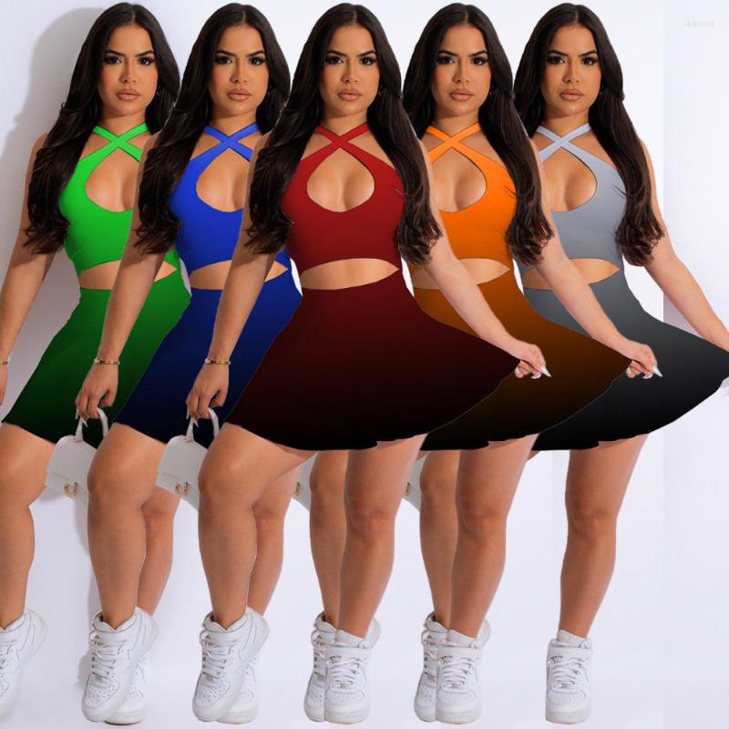

Work Dresses Sexy Backless A-line Skirt Shorts Sets Women Tank Sleeveless Crop Top And Gradient Mini Skirts Summer 2 Piece Club Outfits 2023, Gray