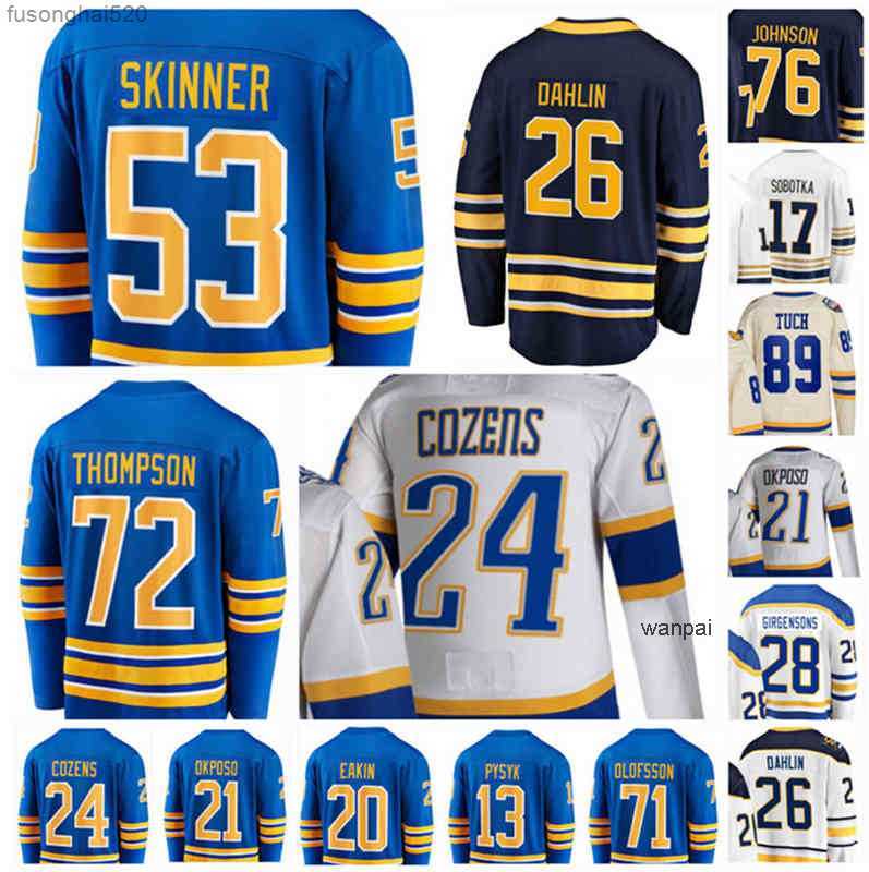

21/22 Custom 53 Jeff Skinner Hockey Jersey 89 Alex Tuch 72 Tage Thompson 24 Dylan Cozens 21 Kyle Okposo 26 Rasmus Dahlin BUF Stitched Men, Colour 5