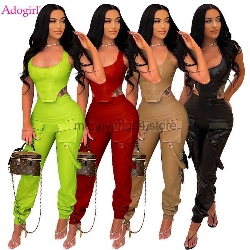 

Women's Two Piece Pants Adogirl Women Sexy PU Leather Two Piece Set Zipper Irregular Corset Tank Top High Waist Straps Cargo Pants with Pockets Suit T230512, Green