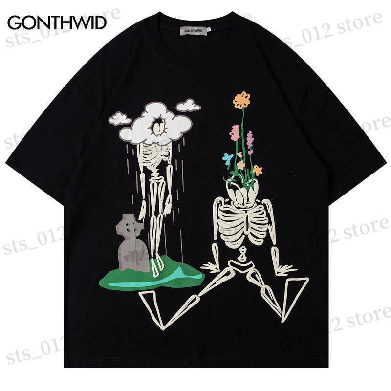 

Men's T-Shirts Hip Hop Oversize T Shirt Streetwear 2023 Funny Skull Skeleton Graphic Print Tshirt Harajuku Fashion Casual Loose Cotton Tee Tops T230512, Beige