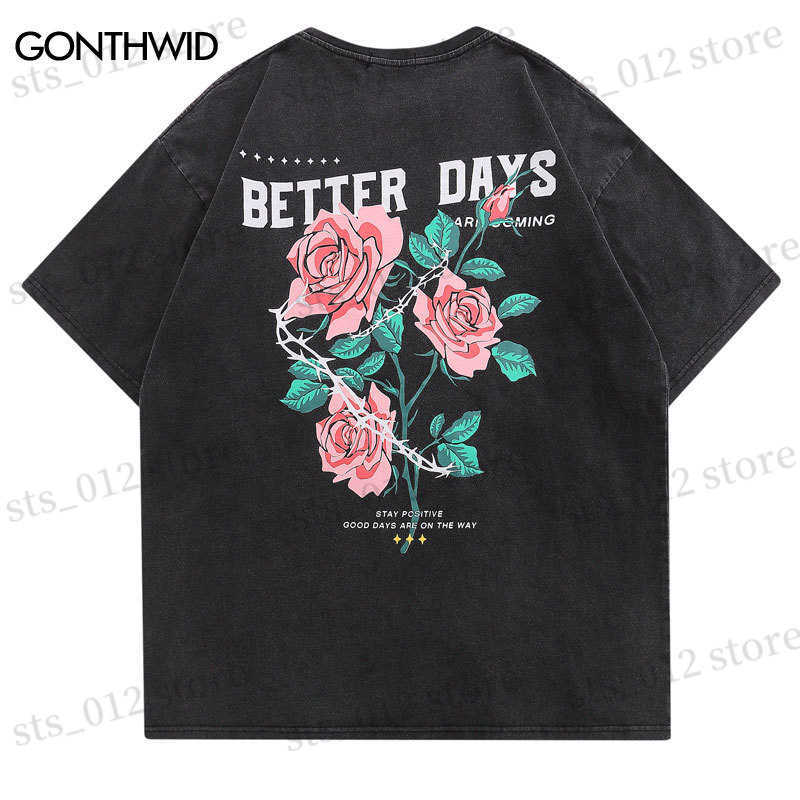 

Men' T-Shirts Distressed T-Shirt Streetwar Hip Hop Floral Rose Letter Print Vintage Tshirt Men Harajuku Summer Casual Cotton Loose Shirts Top T230512, Grey