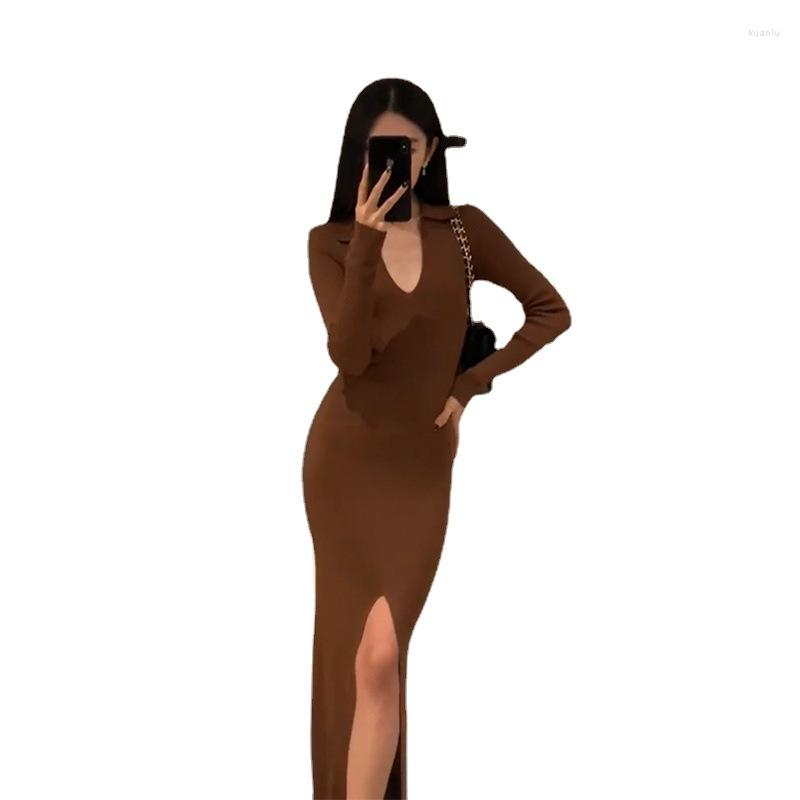 

Casual Dresses French Elegant Slim Knit Dress Women' Long Sleeve Waist Length Autumn/Winter 2023, Brown
