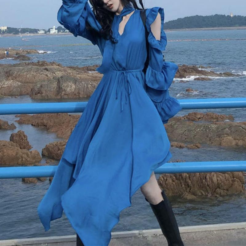 

Casual Dresses French V-neck Sexy Dress Women Backless Designer Beach Style Chic Vintage Asymmetrical High Street Korean Party 2023, Blue dress