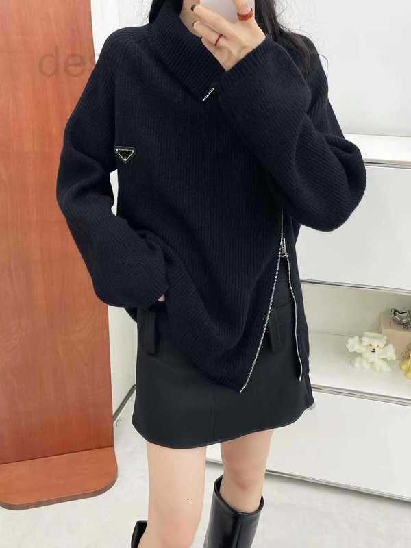 Designer de chandails pour femmes automne et hiver nouvelle mode côté fermeture à glissière classique triangle lâche mince slouchy col haut pull