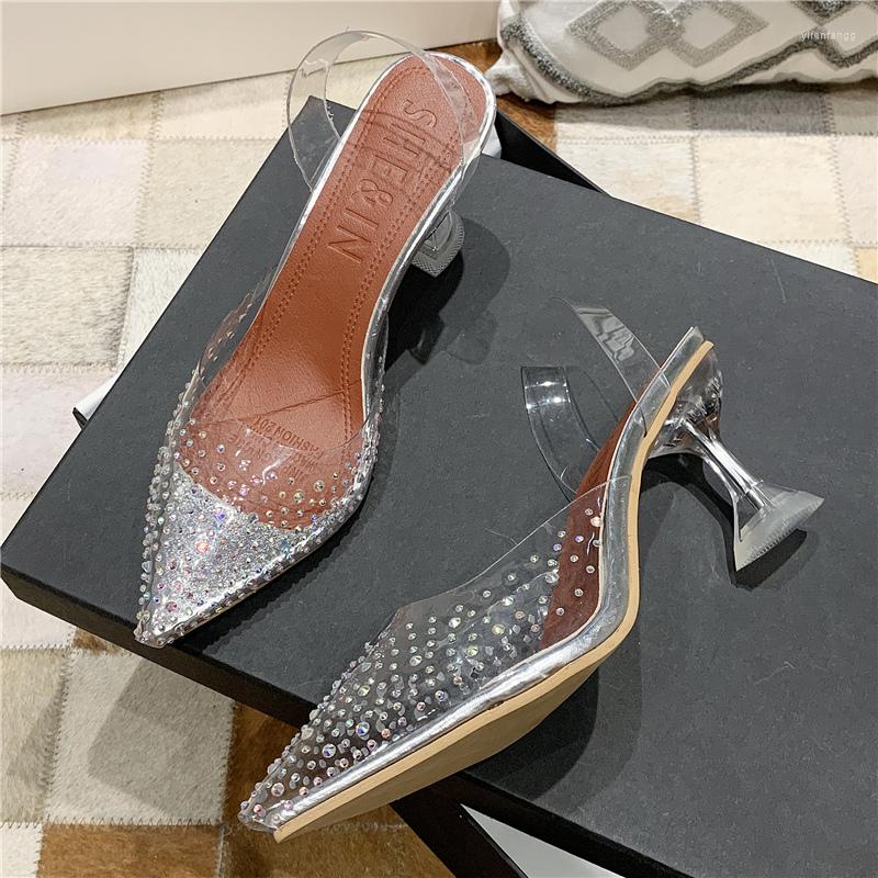 

Dress Shoes Summer Luxury Women 8cm High Heels Slingback Strap Crystal Sandals Transparent Clear Low Lady Sexy Glitter, 8cm silver