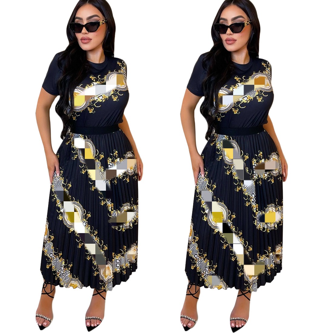 

Two Piece Dress Women Casual Print T-shirt and Pleated Skirt Sets 2Pcs Outfits Free Ship, Deep blue