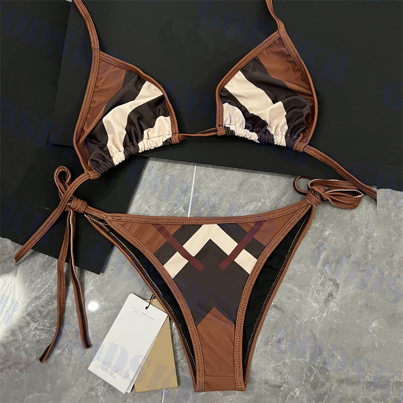 

Brown Check Bikini Womens Lace Up Swimwear New Plaid Print Swimsuit Triangle Bikinis Two Piece, Pls contact me real pic