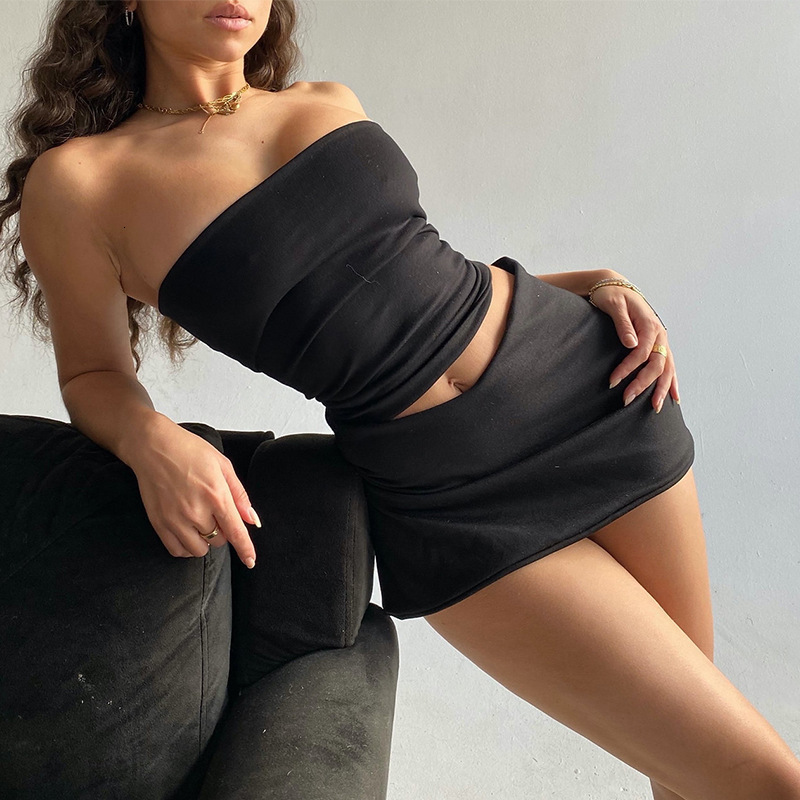 

Two Piece Dress Echoine Solid Sleeveless Strapless Crop Top Low Waist Mini Skirt Set Skinny Bodycon Streetwear Summer Y2K Matching 230512, Black