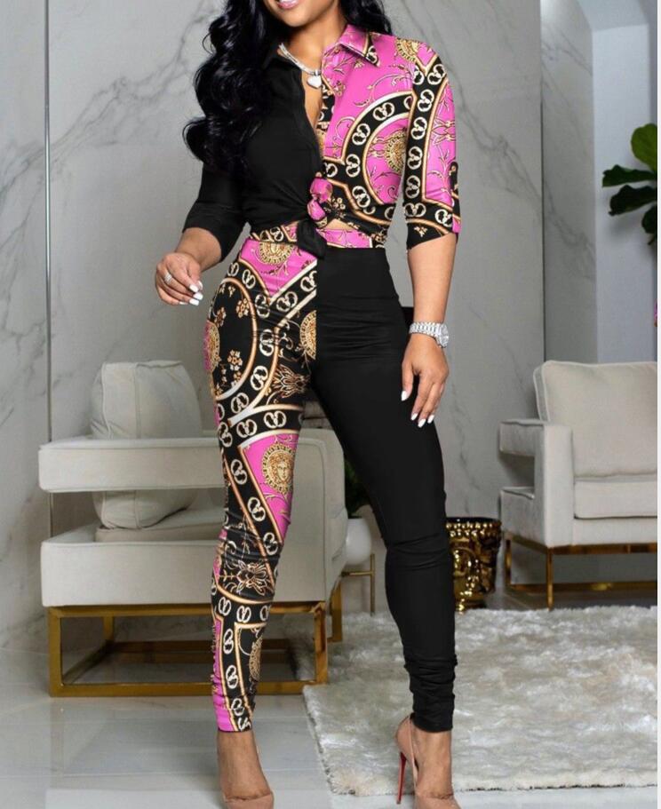 

New casual Women's Tracksuits suit royal color-blocking printing long-sleeved lapel shirt casual jogging pants two-piece set slim Outfit Tracksuit, 03