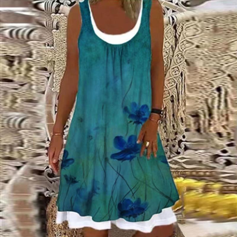 

Casual Dresses Floral Print Daily Mini Dress Women Harajuku O Neck Sleeveless Fake Two Pieces Bohemian Vestido De Mujer #G2, Blue