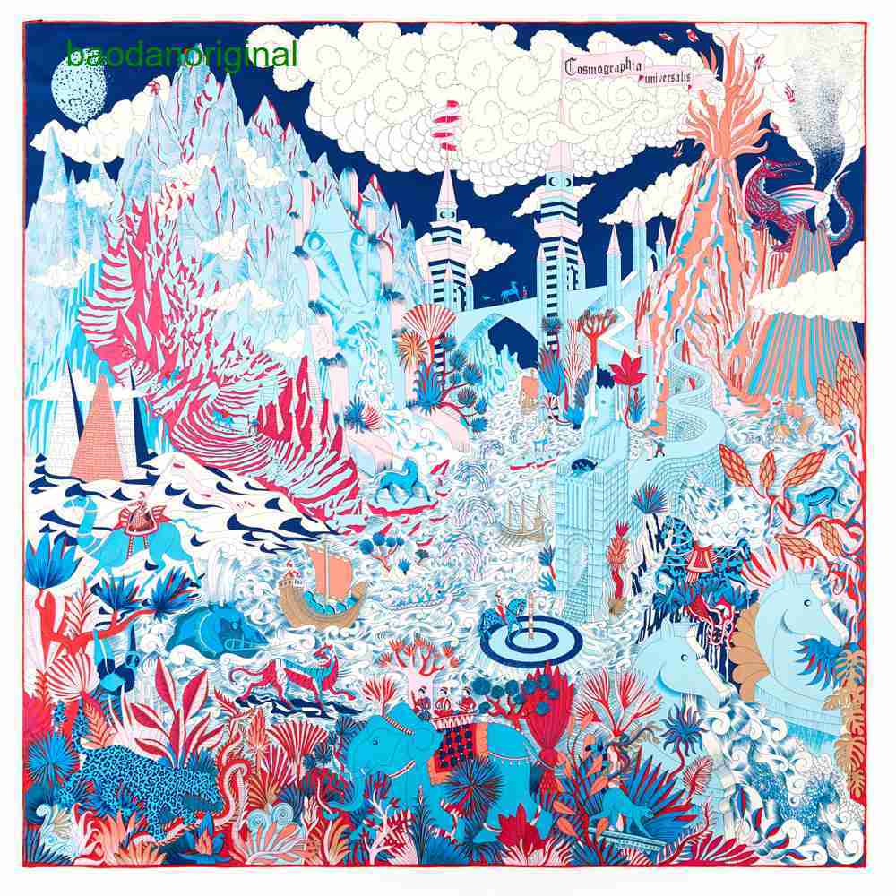 

Hemres Designer Scarves New Handmade Curled Women's 90cm Twill Square Animal Castle Printed Silk Scarf Shawl Headband