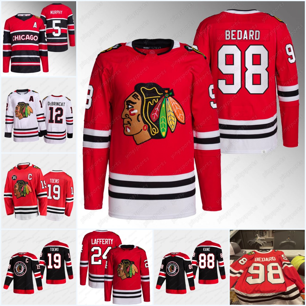 

#98 Connor Bedard Hockey Jerseys young superstar 19 Jonathan Toews Chicago 88 Patrick Kane Black hawks 71 Taylor Hall 17 Nick Foligno Bobby Hull Chris Chelios Esposito, Black1 womens s-xxl