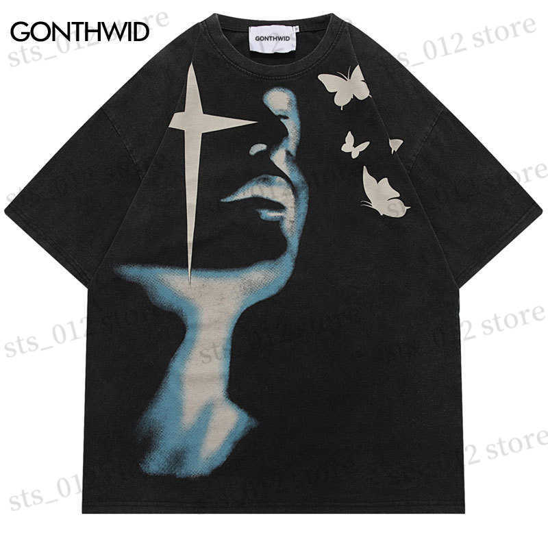 

Men's T-Shirts Vintage Streetwear Punk T Shirt Hip Hop Butterfly Shadow Graphic Print Washed Tshirt Men Harajuku Gothic Tee 2023 Fashion Top T230512, Purple